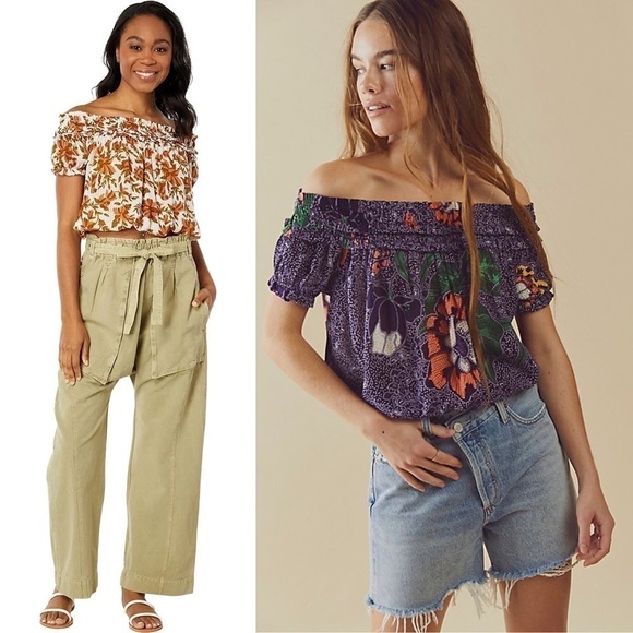 NWT FREE PEOPLE 70s Smocked Off Shoulder Floral Short Sleeve Blouson Crop Top S - Picture 11 of 11